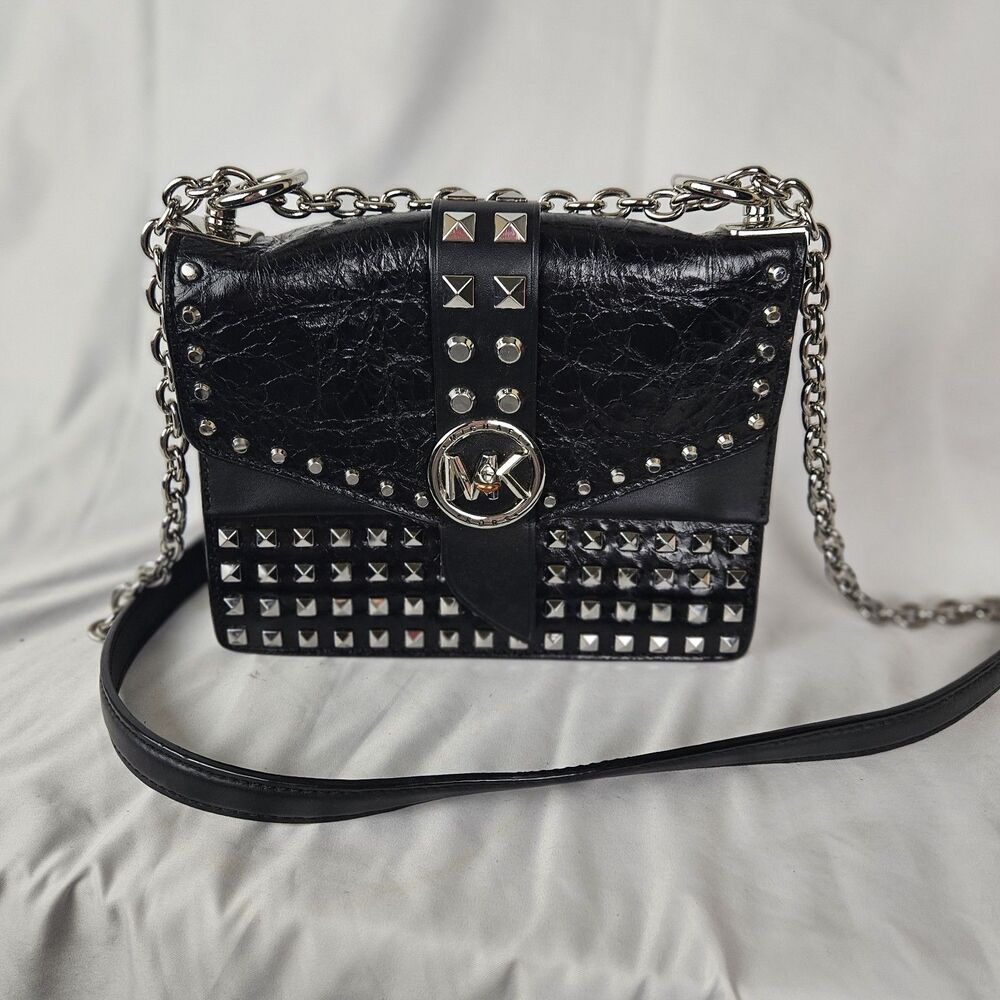 Michael Kors leather Black Studded Shoulder Bag,or Crossbody Bag Silver Hardwar